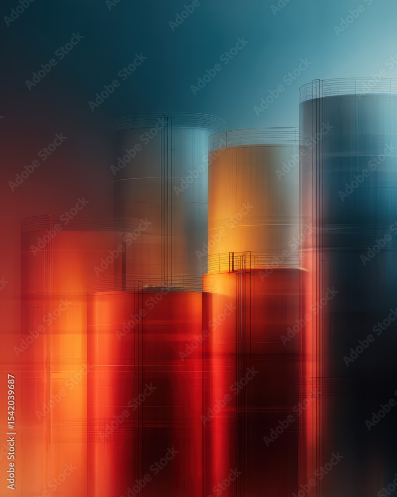 Poster abstract colorful industrial tanks with soft focus and unique lighting effects in a modern setting