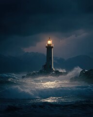 Dramatic Lighthouse Illuminating Stormy Seas Under Dark Clouds at Night