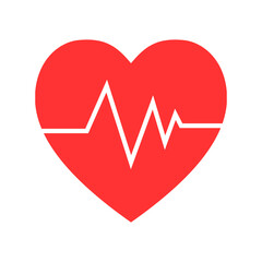 Red heart shape with white heartbeat line, representing healthcare, cardiology, medical monitoring, and wellness. Simple flat icon style on white background.