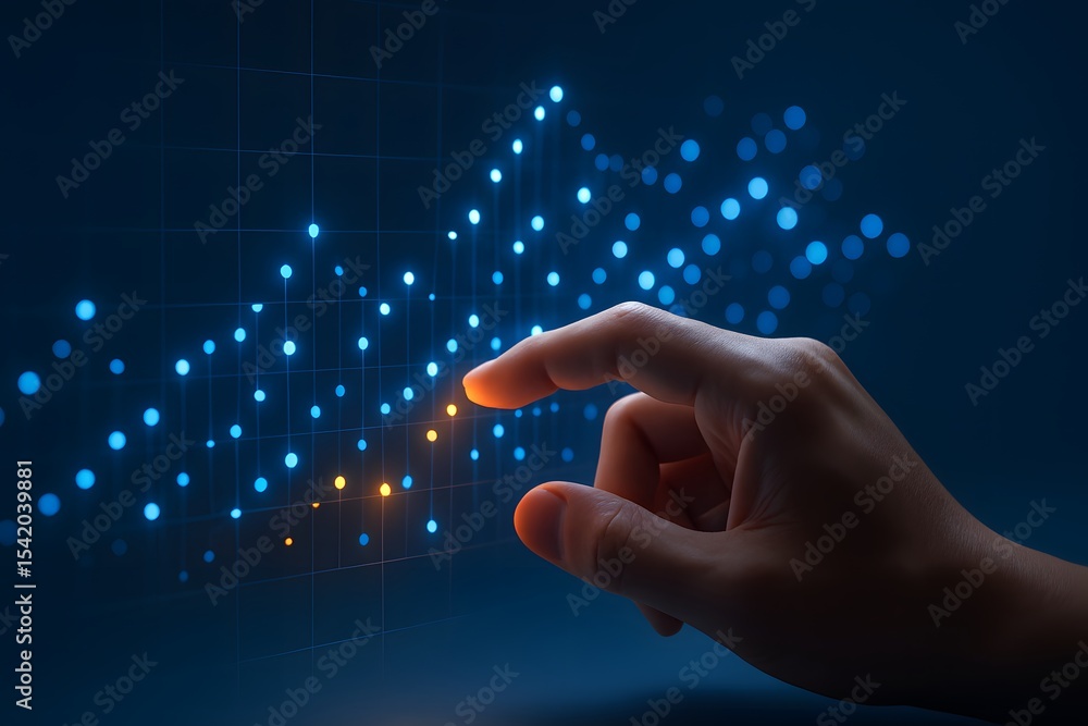Poster Hand Reaching Toward Glowing Data Points on Digital Chart Background