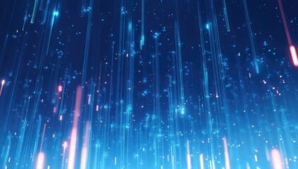 Obraz premium Abstract digital rain, glowing light streaks cascading down a dark blue background