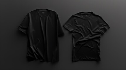 Two black t-shirts laid flat on a dark background.