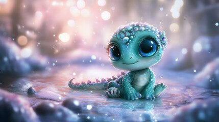 Enchanting Cute Baby Dragon in Sparkling Fantasy Landscape, Adorable Teal Creature with Big Eyes for Whimsical Themes and Children's Content