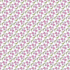 Seamless Pattern with Pink Floral Motifs and Green Leaves on White Background