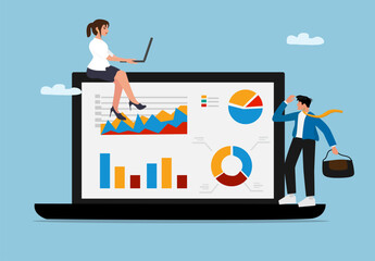 Modern Flat Design Vector Illustration of Business People Analyzing Data and Statistics on Laptop with Colorful Charts, Graphs, and Infographic Elements for Digital Marketing and Financial Report Pres