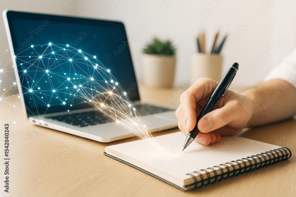 Poster Hand writing in notebook with glowing digital data flow connecting to laptop, concept of creative science and technology on light background.