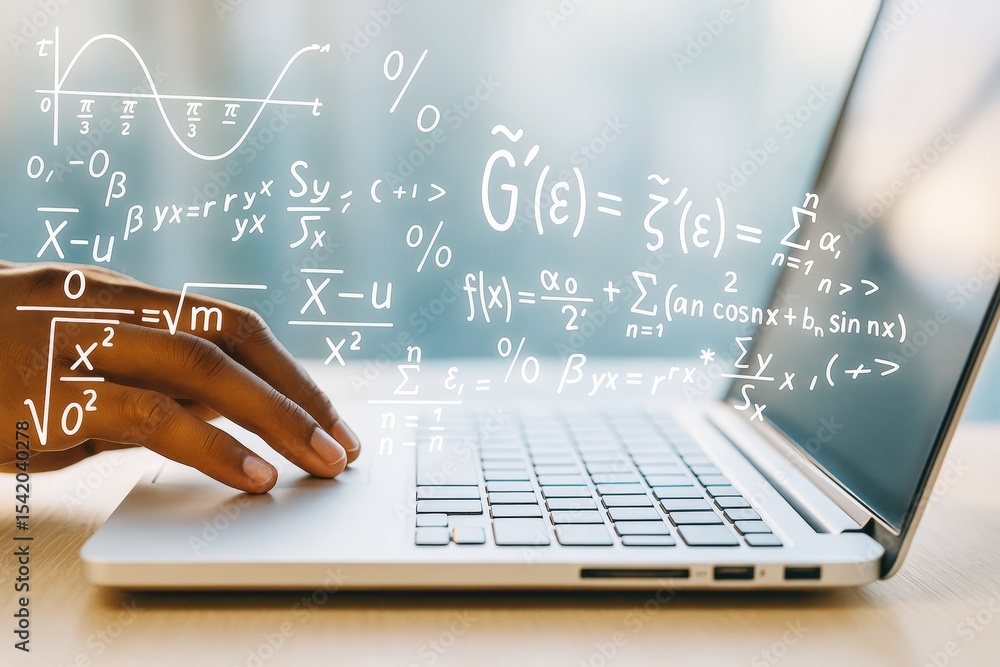 Poster Hand typing on laptop keyboard with floating mathematical formulas and equations on soft light science abstract background concept scene.