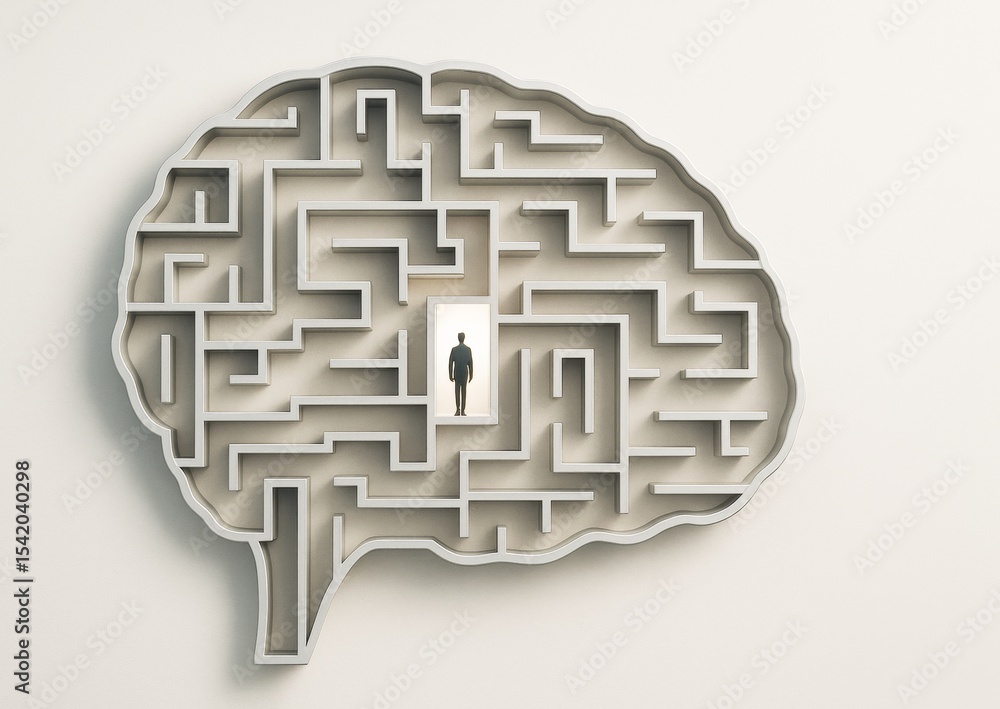 Poster Human figure standing in center of 3D brain-shaped maze symbolizing thought process and mental complexity on light background. Ai generative.