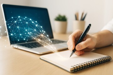Hand writing in notebook with glowing digital data flow connecting to laptop, concept of creative science and technology on light background.