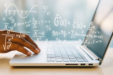 Hand typing on laptop keyboard with floating mathematical formulas and equations on soft light science abstract background concept scene.