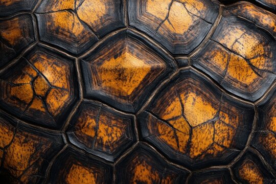 Turtle shell texture with copy space. Close-up turtle pattern. Reptile shell design. Turtle scales. Realistic turtle shell. Turtle design texture. Detailed turtle shell close-up. Wild Animal texture.