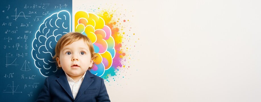 Child in suit standing against dual brain illustration symbolizing logic and creativity with copy space on light background for education concept.