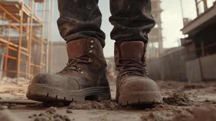 Durable work boots covered in dirt showcase rugged construction site environment, highlighting a hardworking attitude and commitment to safety in tough working conditions.