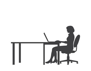 Young man in silhouette sitting at a desk, typing on a laptop, illustrating a person working in an office a minimalist silhouette of a businesswoman  working on laptop at desk icon vector illustration