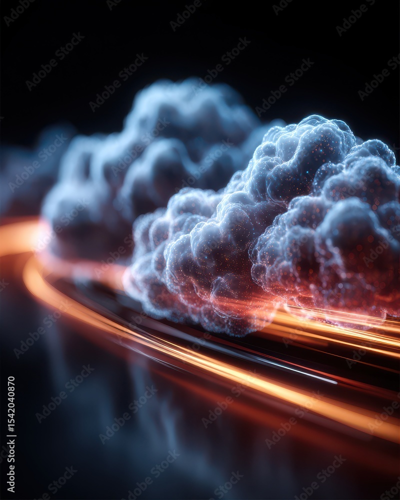 Aufkleber ethereal clouds with light trails in a dark background, illuminated by soft glows and dynamic patter