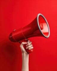 Handholding a vivid red megaphone against a bright red background for communication and announcement concepts