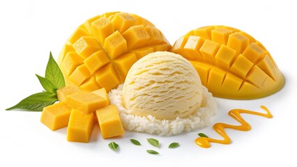 Delicious Mango Ice Cream with Fresh Mango Pieces on a White Background