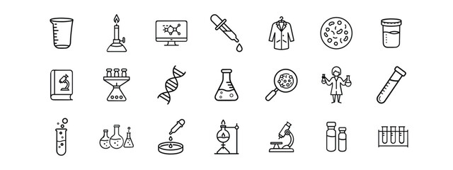 Essential Science and Laboratory Equipment Line Icons Set - Research, Chemistry, and Biology Tools