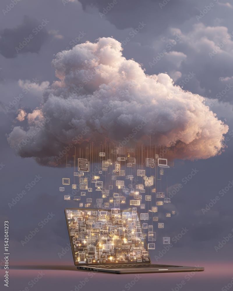 Poster cloud technology concept with laptop and digital data flowing from cloud in creative metaphor repres