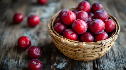 A basket of red plums on a wooden tabletop