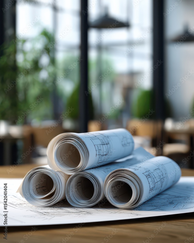 Poster design blueprints rolled up on wooden table in modern cafe setting with natural light and greenery i