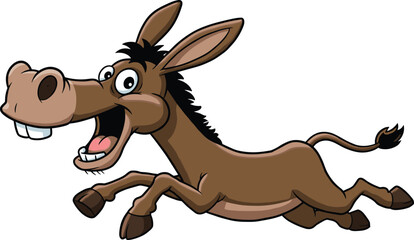 Funny cartoon donkey running with happy face, vector farm animal illustration, energetic brown mule character on white background for design use