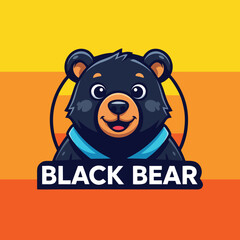 Cartoon Black Bear Mascot with Blue Scarf on Yellow-Orange Striped Background