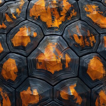 Turtle shell texture with copy space. Close-up turtle pattern. Reptile shell design. Turtle scales. Realistic turtle shell. Turtle design texture. Detailed turtle shell close-up. Wild Animal texture.