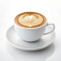 Artistic latte art in a white cup on a saucer against a clean white background