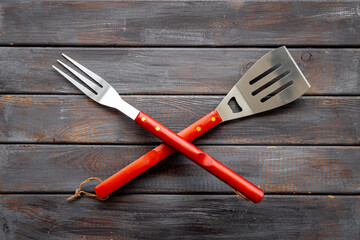 Steel barbecue and grill tools, top view. Equipment for picnic