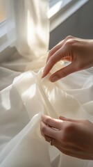 Hands examining delicate white fabric in natural sunlight to assess textile quality and transparency