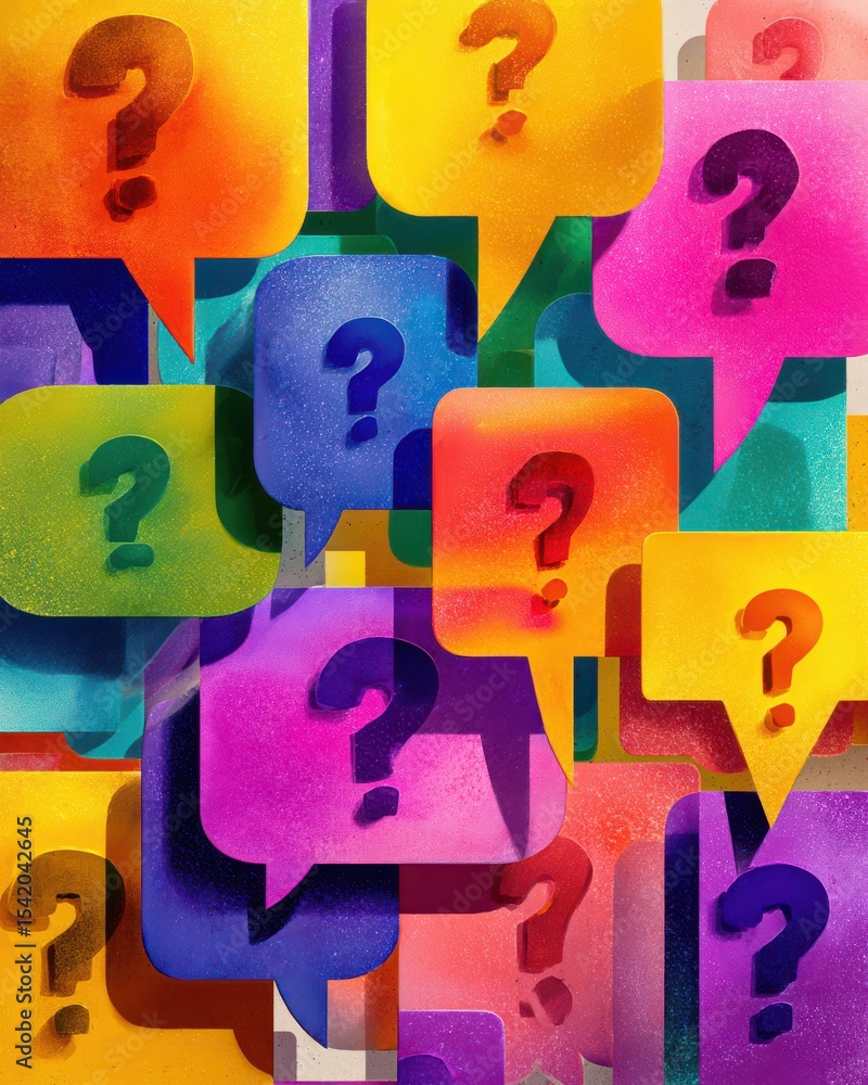 Poster colorful abstract speech bubbles with question marks representing communication, inquiry, and uncert