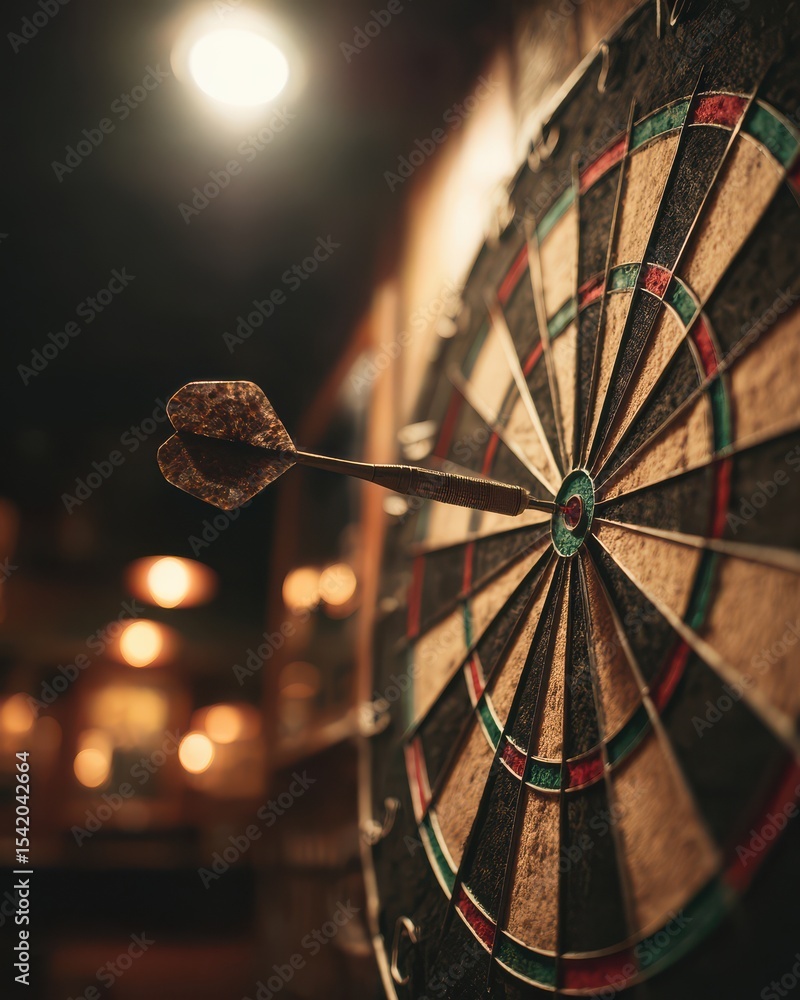 Poster close-up of dart embedded in dartboard with warm ambient lighting in a cozy bar setting