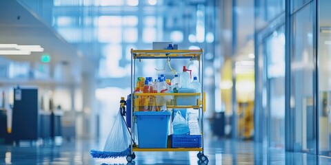 Cleaning cart in a modern building hallway