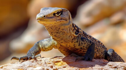 A lizard is perched on a rock with its head facing left