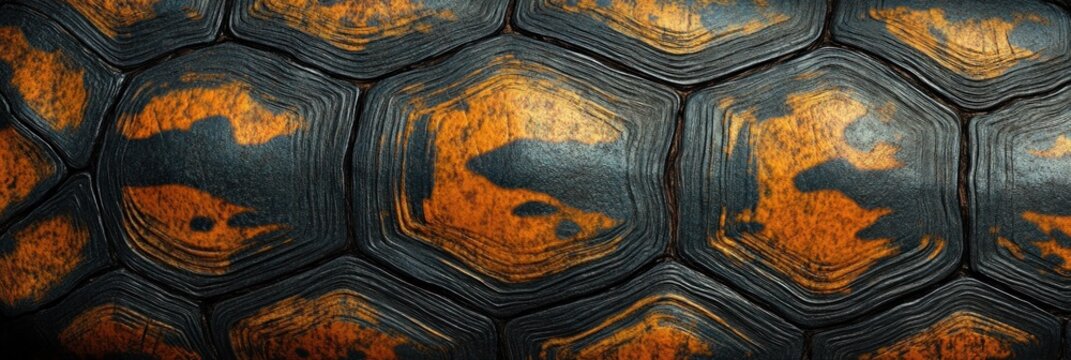 Turtle shell texture with copy space. Close-up turtle pattern. Reptile shell design. Turtle scales. Realistic turtle shell. Turtle design texture. Detailed turtle shell close-up. Wild Animal texture.