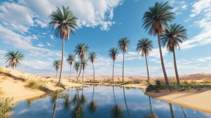 A serene desert oasis with palm trees and a reflective lake