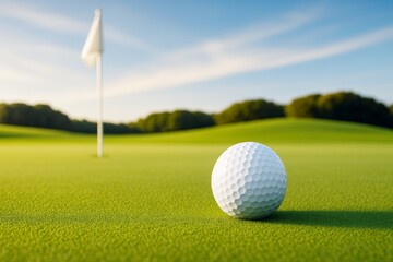 Obraz premium Close-up of golf ball on green field with flag in background under clear blue sky and natural sunlight, symbolizing sports lifestyle concept.