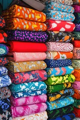 Brightly colored pop art style fabrics with bold patterns stacked in rolls at a textile shop, showcasing variety and visual impact