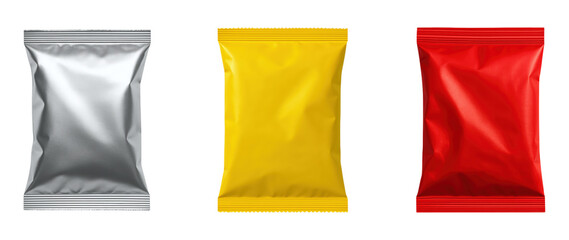 Vibrant Colorful Snack Packaging: A Visual Collection of Silver, Yellow, and Red Pouches, Ideal for Food Branding and Marketing, Isolated on Transparent and White Background