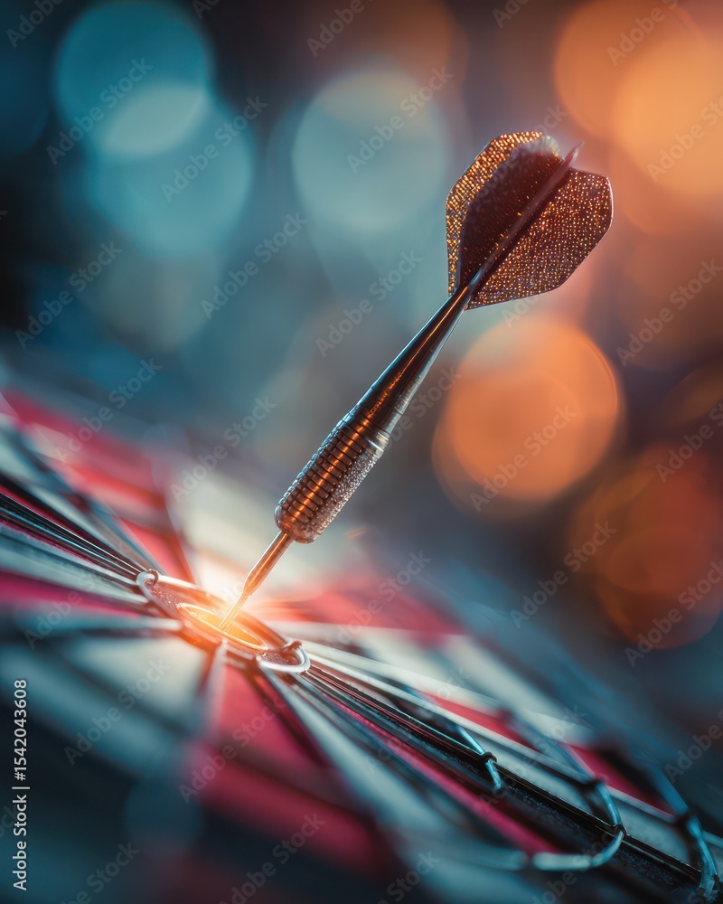 Poster precision targeting with dart hitting bullseye in a blurred atmospheric background