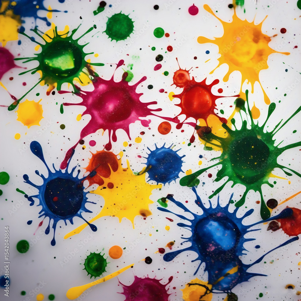 Wall mural vibrant multi colored paint splatters and droplets on a white background creating an abstract and dy