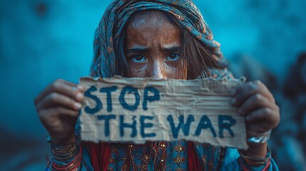 Dirty Hands of a Child Holding Stop War Sign, Anti-War Protest Concept
