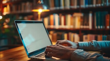 Person typing on a laptop computer in a library setting.