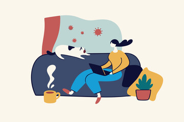 Work from home in COVID-19 virus outbreak, social distancing company allow employee work at home to prevent virus infection, young woman working on sofa with cat look outside to see virus pathogens.