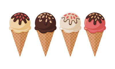 scalable vector illustration of three ice cream cones arranged side by side in a horizontal line, easily editable and scalable.