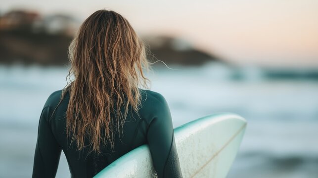 A mesmerizing silhouette of a surfer girl looking towards the ocean waves at dawn, embodying freedom, passion, and anticipation for an exciting surfing adventure.