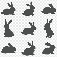 Set of silhouettes of rabbits in various poses. eps 10