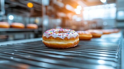 A freshly baked donut, glazed and adorned with colorful sprinkles, sits on a production line, highlighting the enticing process of making sweet treats in a modern bakery setting.