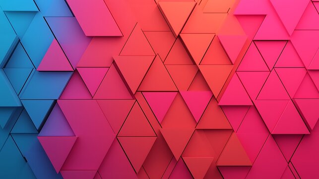 A vibrant abstract pattern of interlocking 3D triangles in shades of blue, purple, and red creating a geometric mosaic effect.